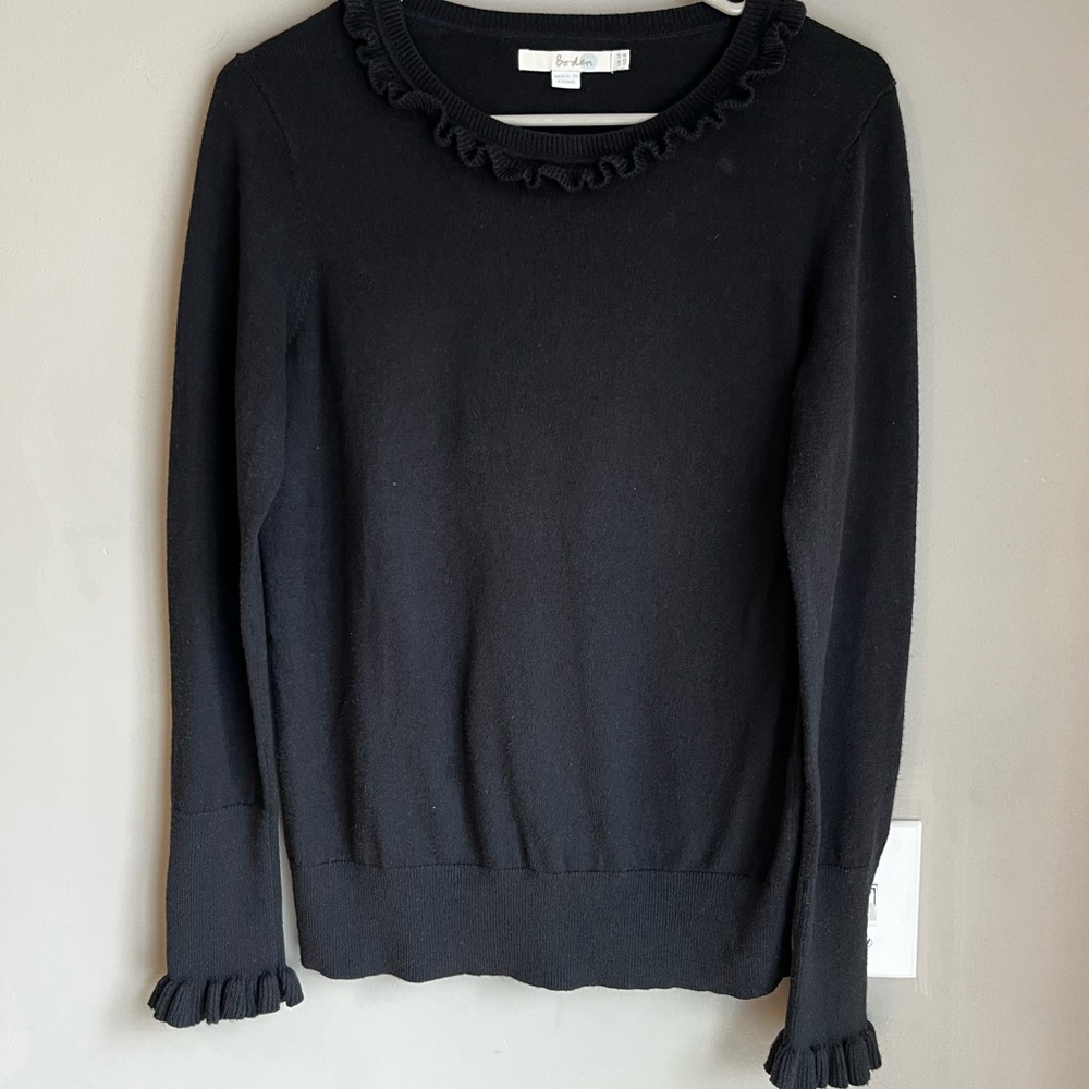 Boden Black Ruffle Trim Sweater Wool Blend Size 8 Minimalist Neutral